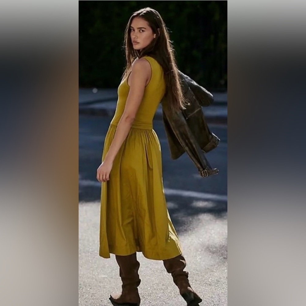 Free People Free-est Avocado Oil Green Pepita Midi Dress Size Medium - Picture 7 of 11